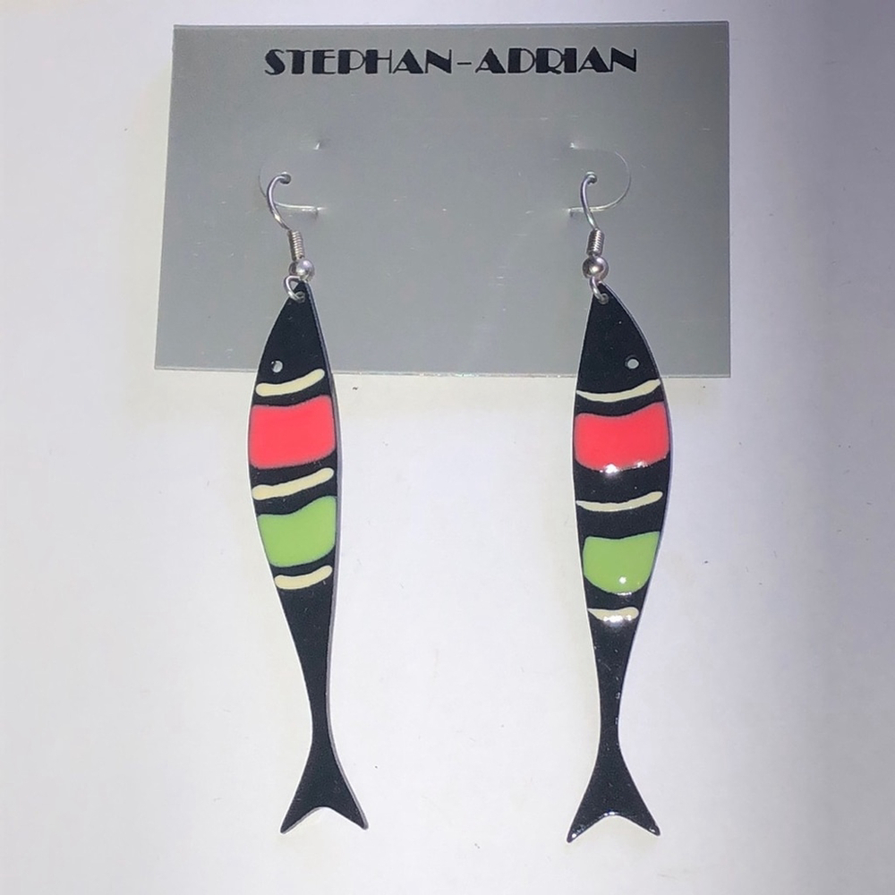 Stephan-Adrian Vintage Black and Neon Green Fish Earrings